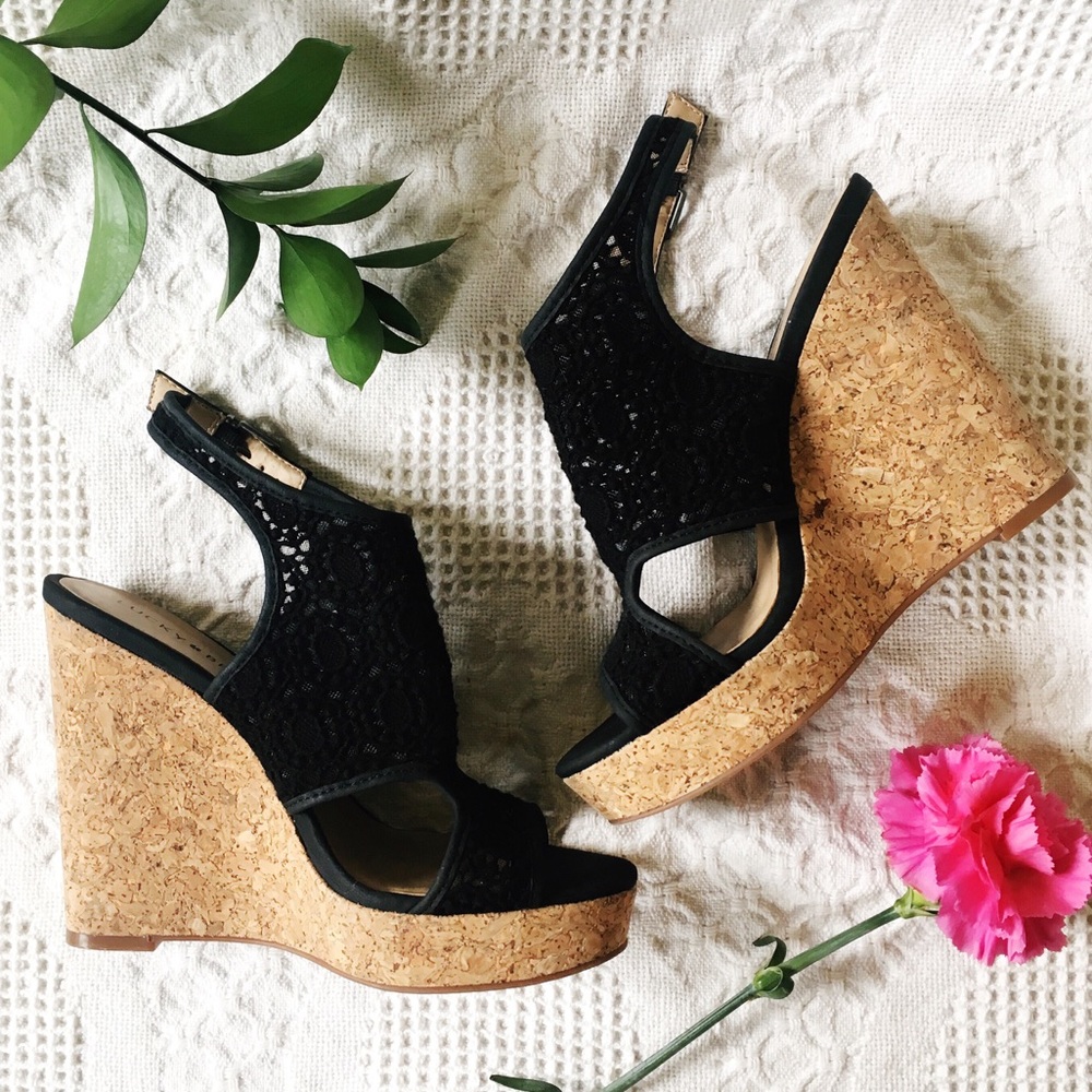 Lucky Brand cork wedge platform sandals black lace